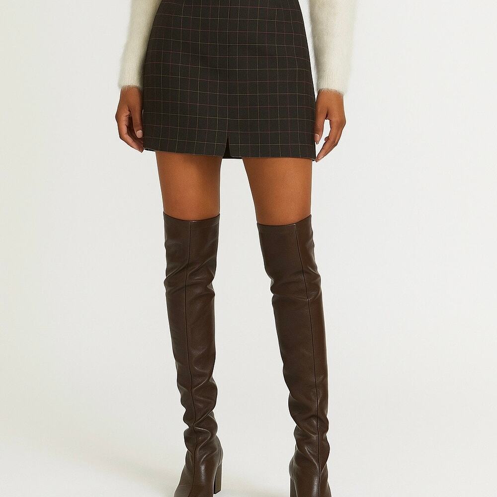 Talbots Brown Pink Windowpane Plaid Wool Mini Skirt Size 10 Petite Lined